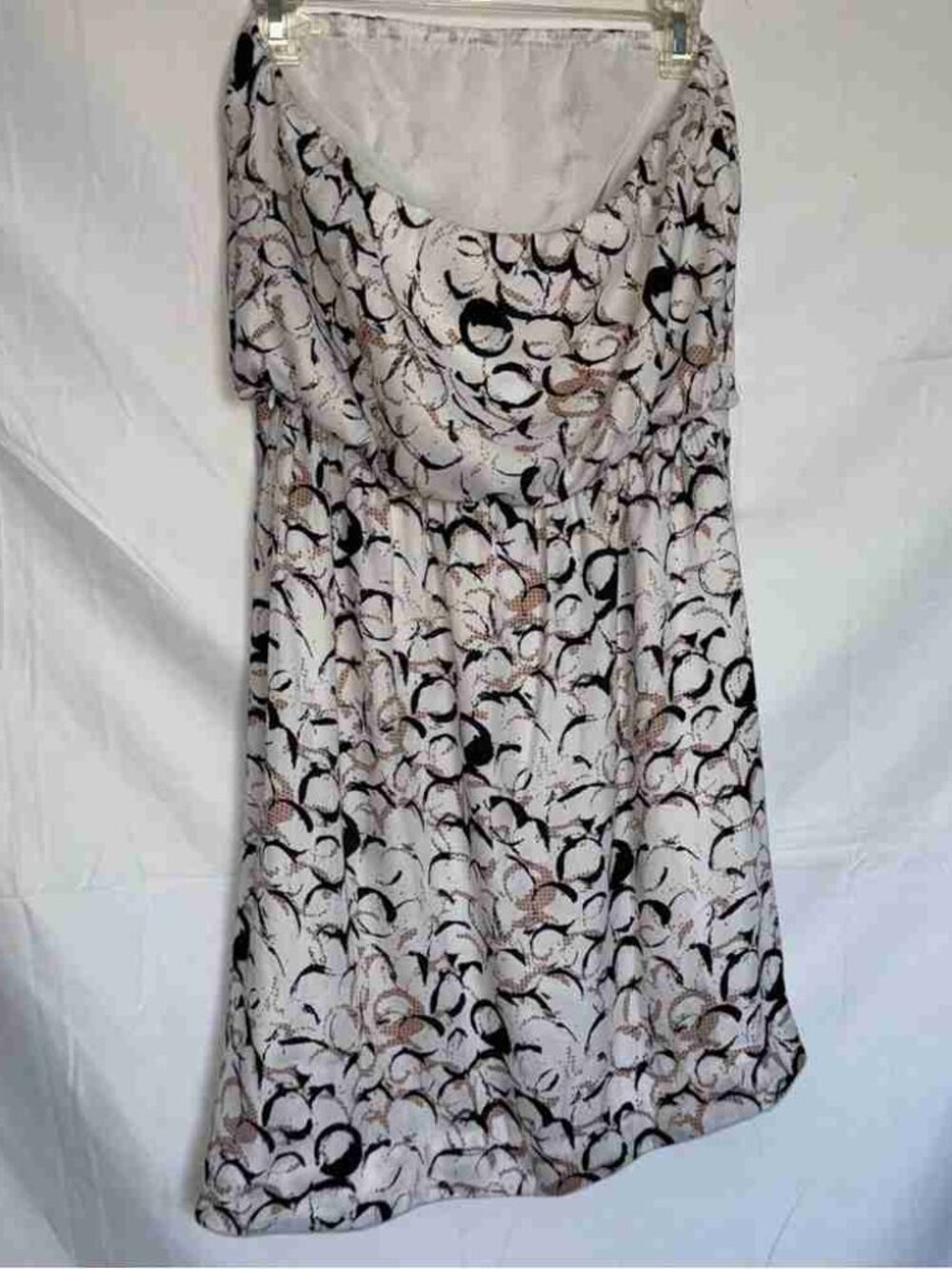 White Abstract Brush Print Strapless Midi Dress Ruched Bust - Picture 2 of 2